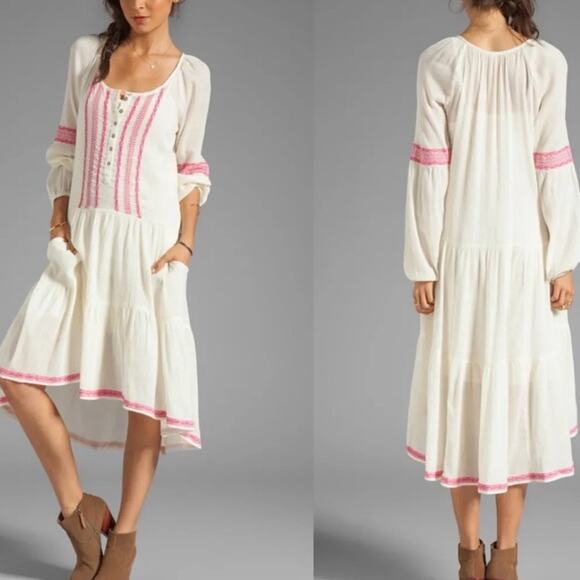Free People Dress XS High Low Peasant Boho Prairie Flowy Gauzy Embroidered Midi - Picture 1 of 14
